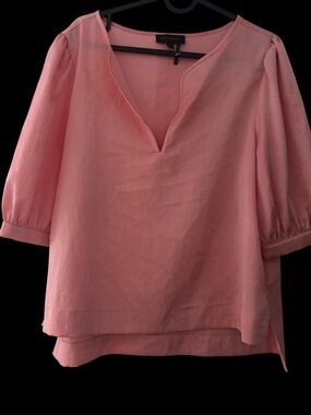 Donna Karan Pink Solid V-Neck Puff Sleeve Blouse
